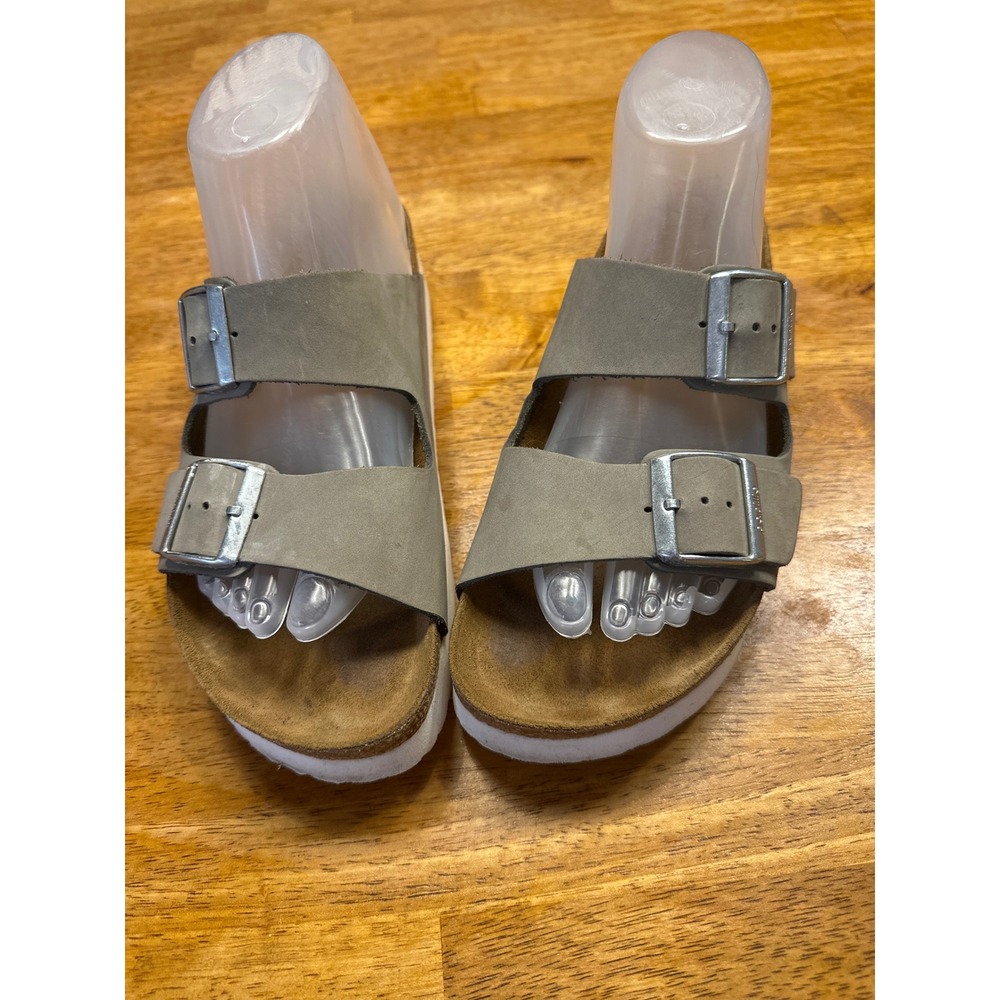 Papillio Birkenstock Arizona Platform Sandals Taupe Gray Leather Women 39 8-8.5